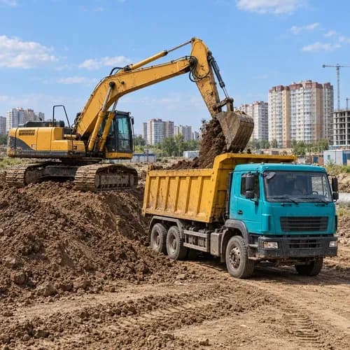 Вывоз грунта · самосвал и экскаватор
