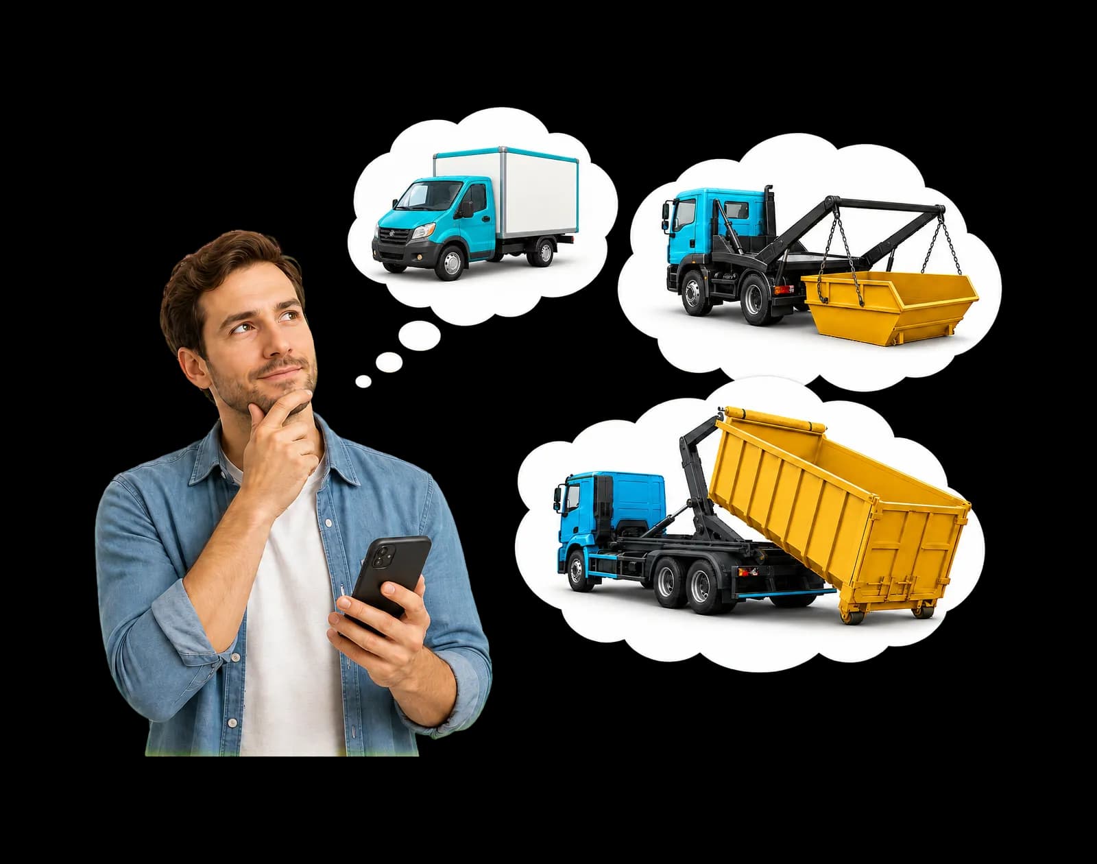 Клиент со смартфоном выбирает между Газелью и контейнерами для вывоза мусора